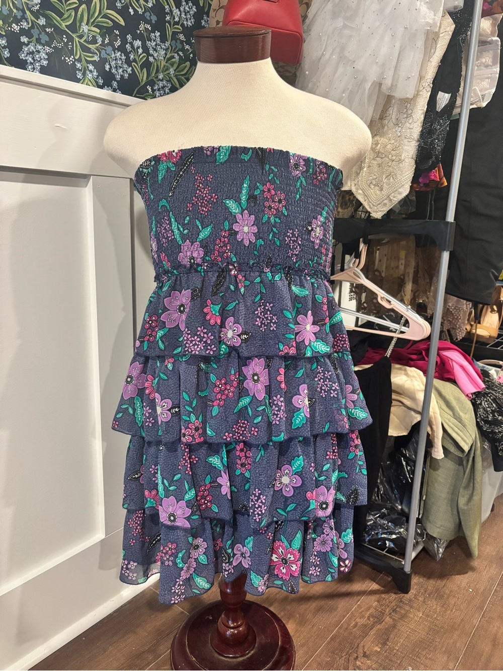 Y2K Vintage American Eagle Blue Floral Tiered strapless dress women size Large